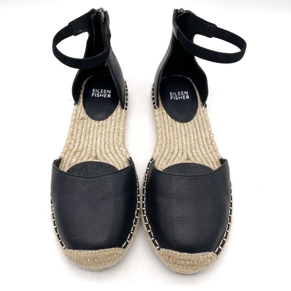 Eileen Fisher Lala Leather Espadrille Flats Black Size 8 Ankle Strap Sandals - Picture 5 of 15